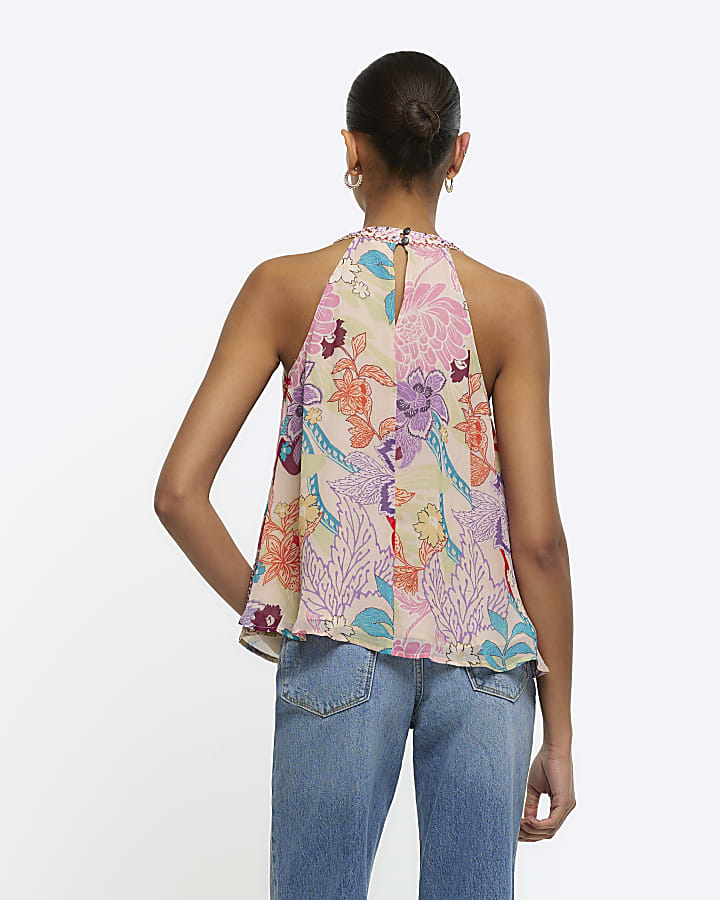 Pink floral halter neck top