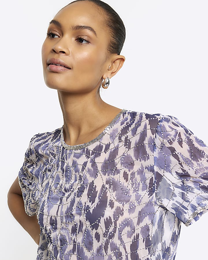 Blue abstract embellished t-shirt