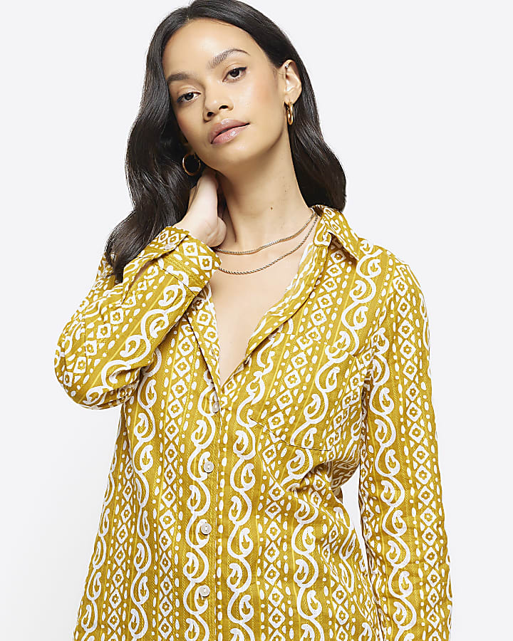 Yellow paisley print long sleeve shirt