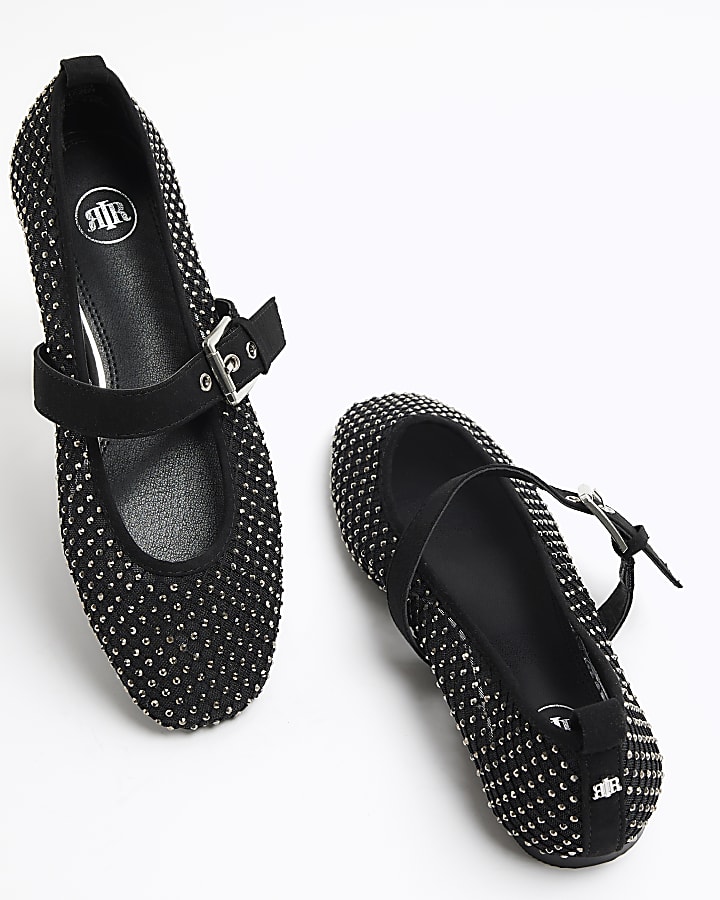 Black mesh studded mary jane ballet pumps