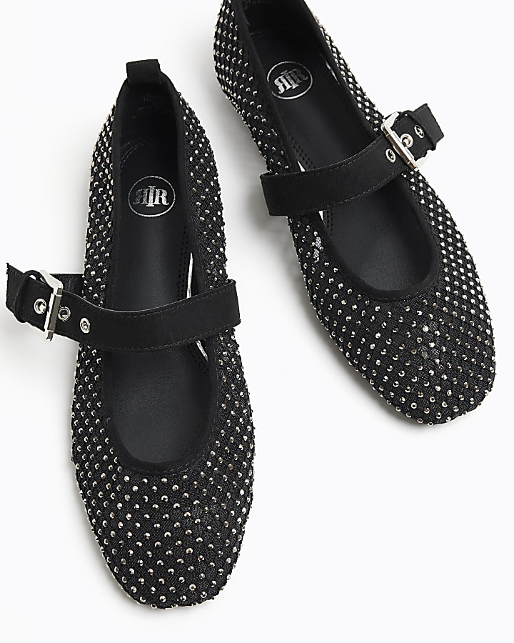 Black mesh studded mary jane ballet pumps