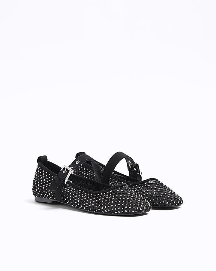 Black mesh studded mary jane ballet pumps