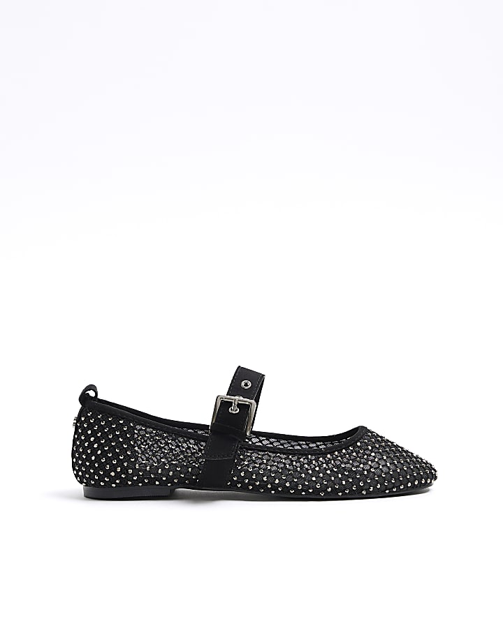 Black mesh studded mary jane ballet pumps