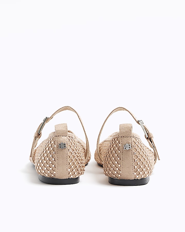 Beige mesh studded mary jane ballet pumps