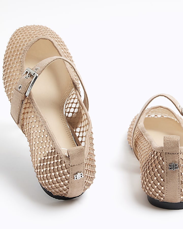 Beige mesh studded mary jane ballet pumps