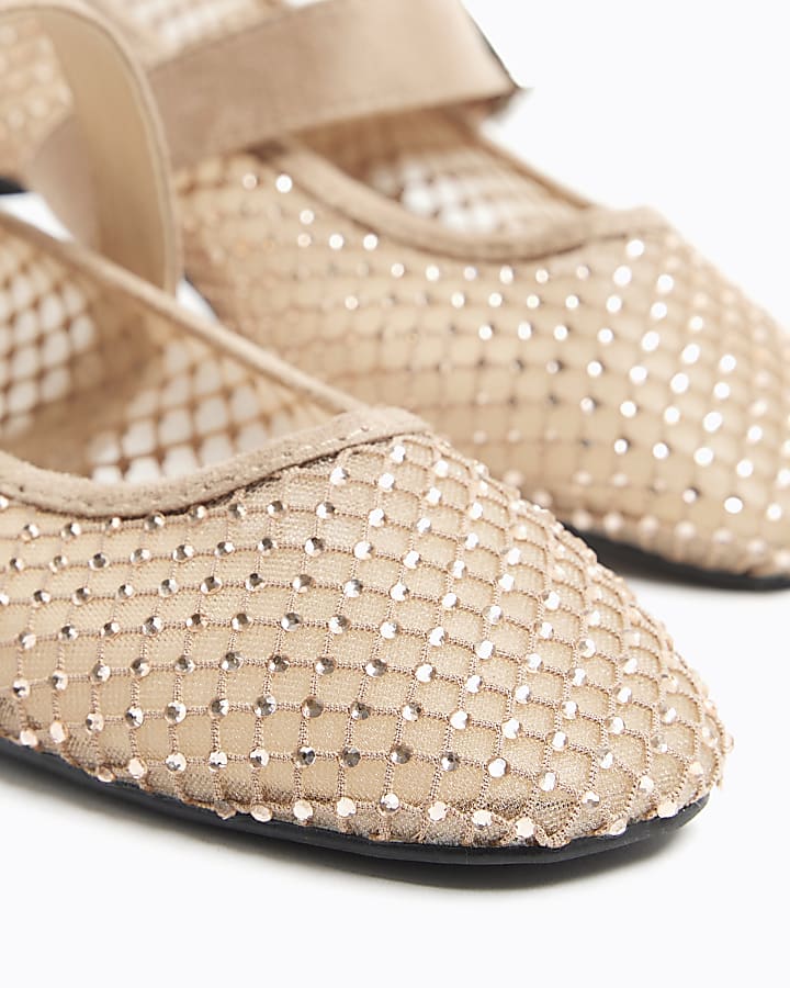 Beige mesh studded mary jane ballet pumps