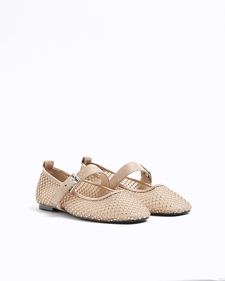 Beige mesh studded mary jane ballet pumps