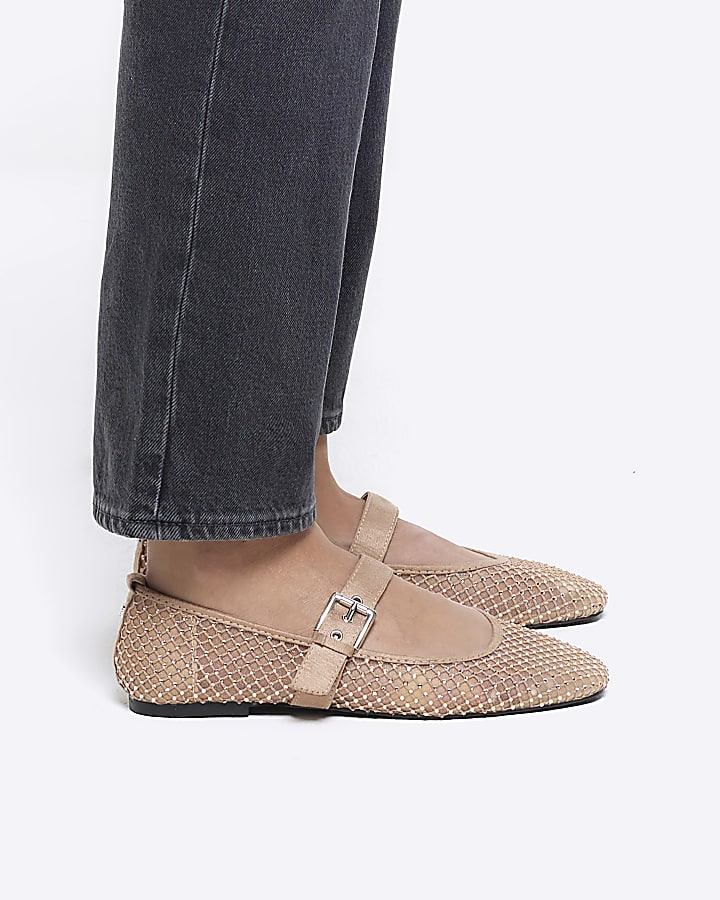Beige mesh studded mary jane ballet pumps