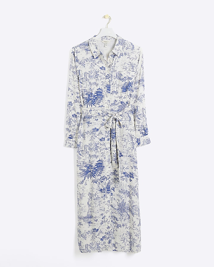 Blue floral belted midi shirt dress