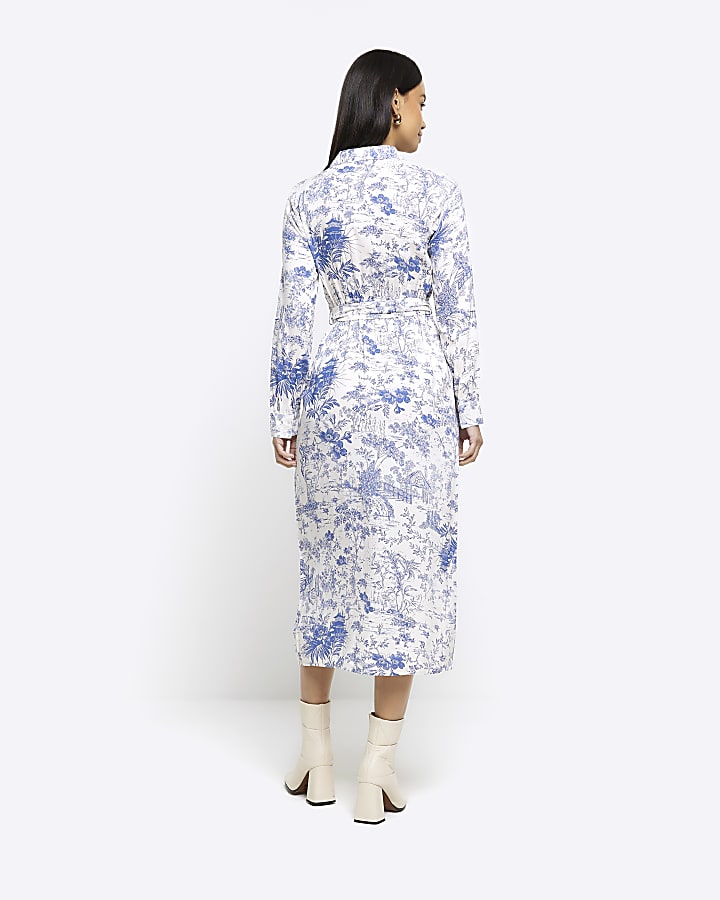 Blue floral belted midi shirt dress