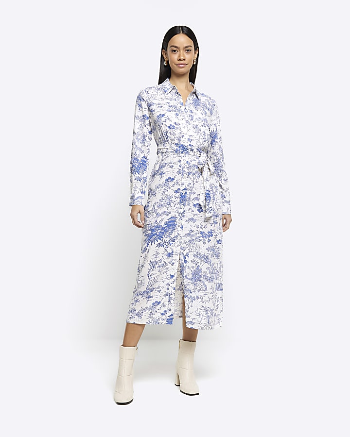 Blue floral belted midi shirt dress