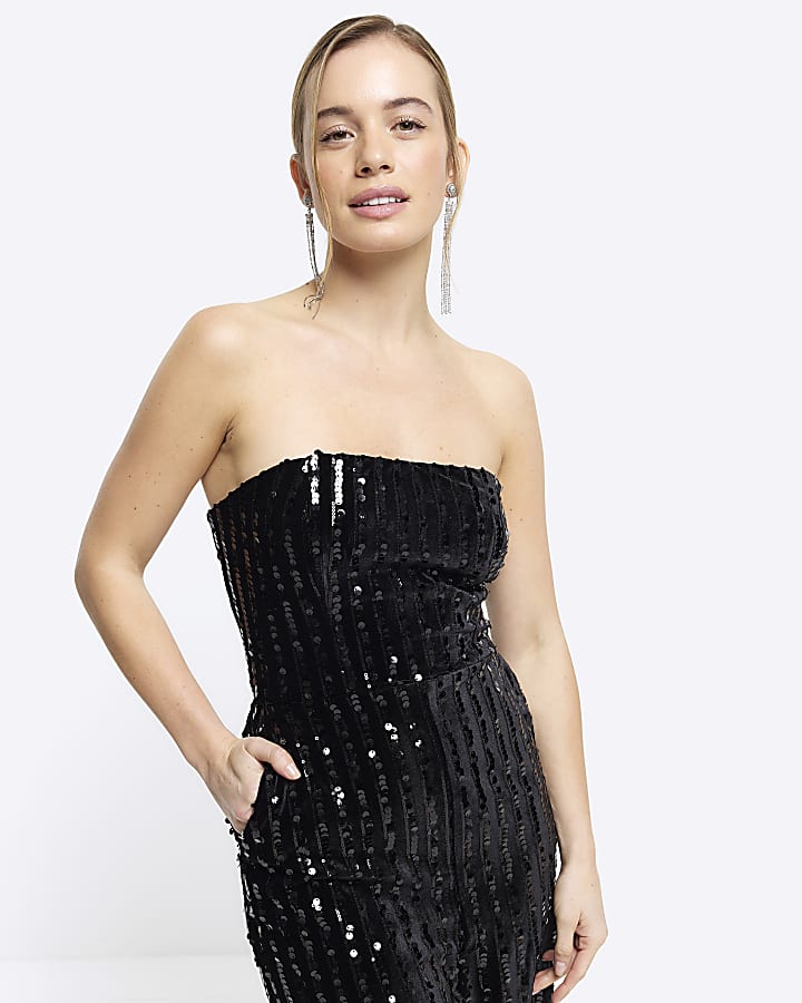 Petite black velvet sequin bandeau jumpsuit