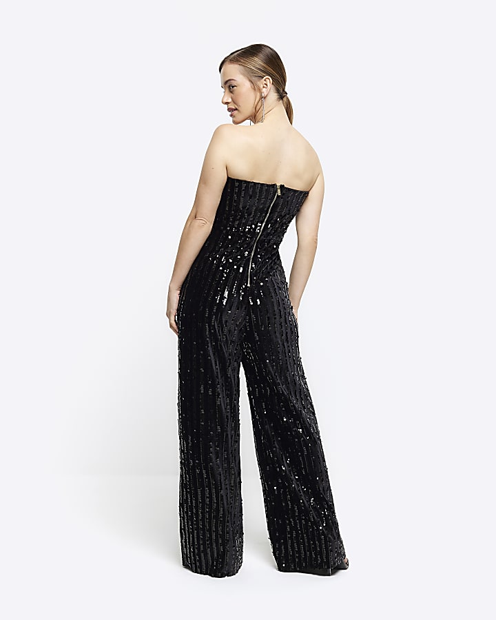 Petite black velvet sequin bandeau jumpsuit