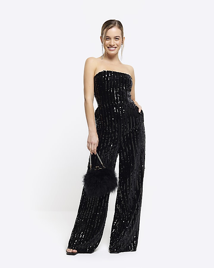 Petite black velvet sequin bandeau jumpsuit