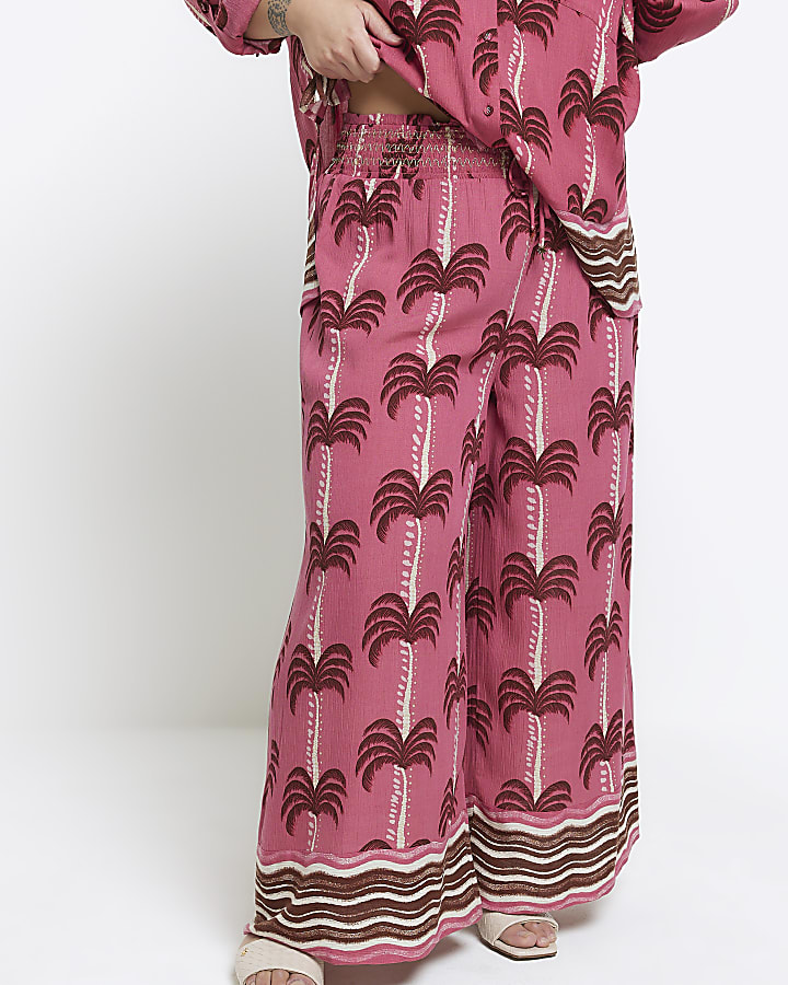 Plus pink palm tree wide leg beach trousers