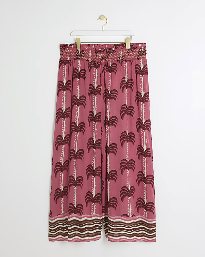 Plus pink palm tree wide leg beach trousers