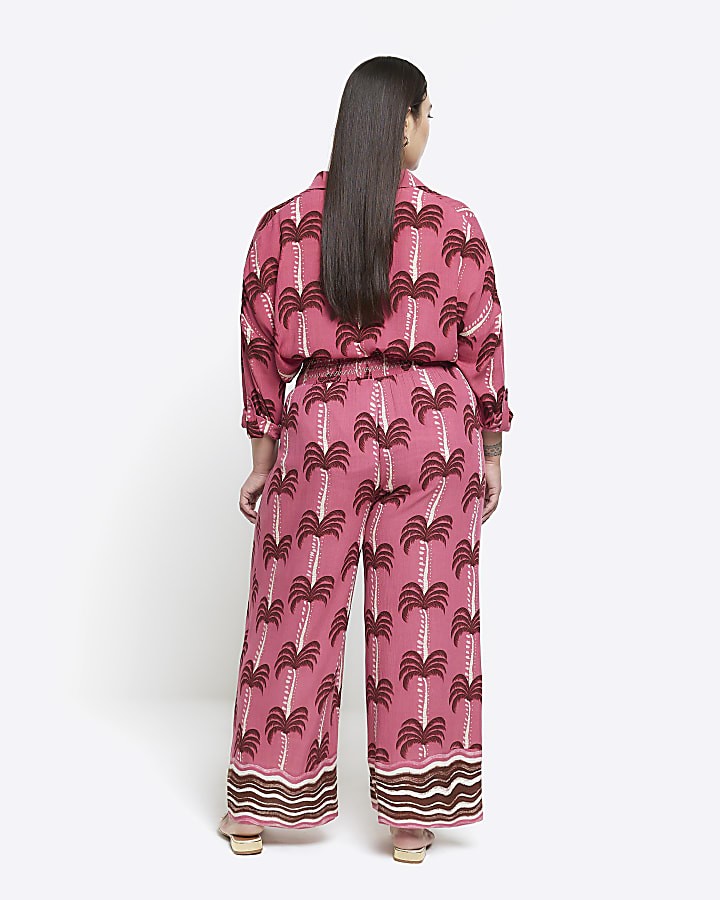 Plus pink palm tree wide leg beach trousers