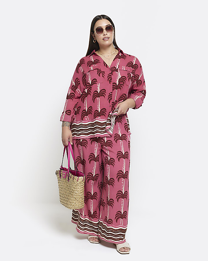 Plus pink palm tree wide leg beach trousers