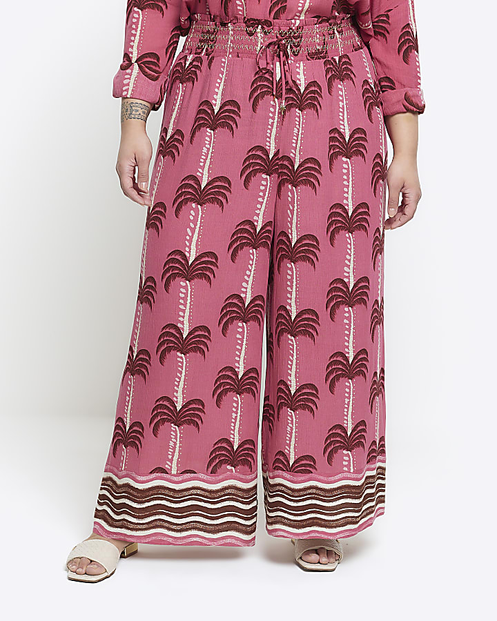 Plus pink palm tree wide leg beach trousers