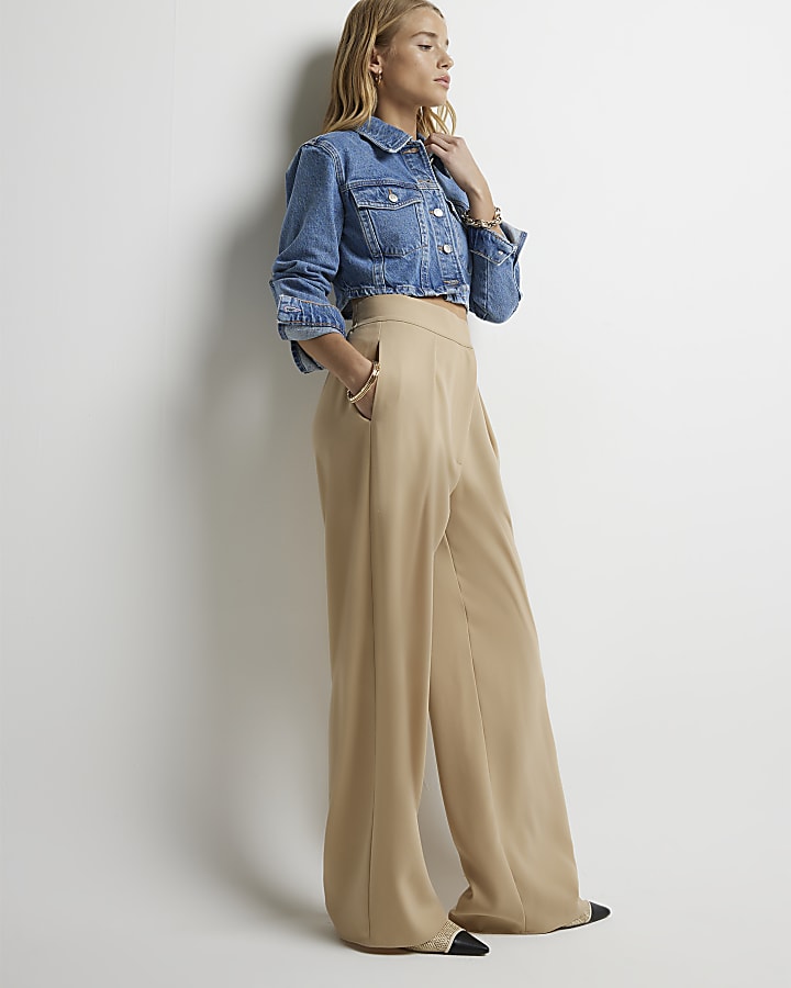 Beige high waisted wide leg trousers