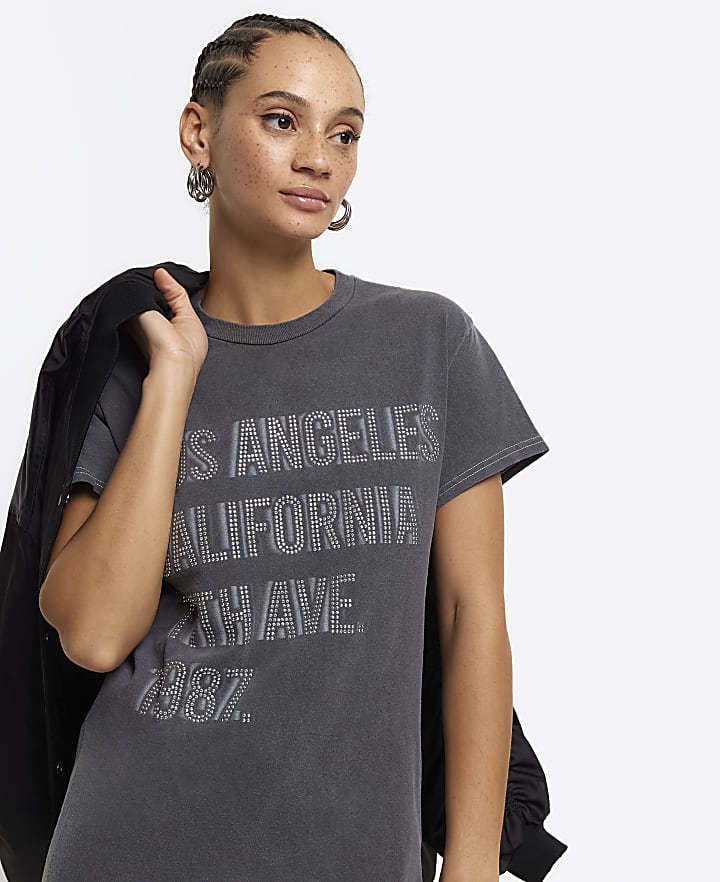 Grey diamante graphic t-shirt