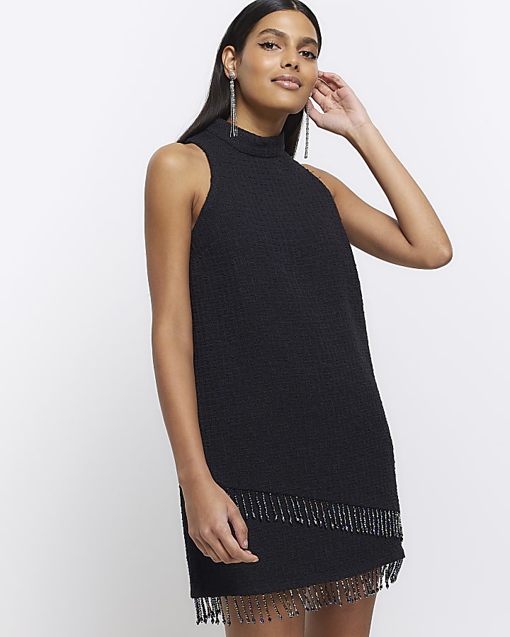 Black boucle pearl trim shift mini dress