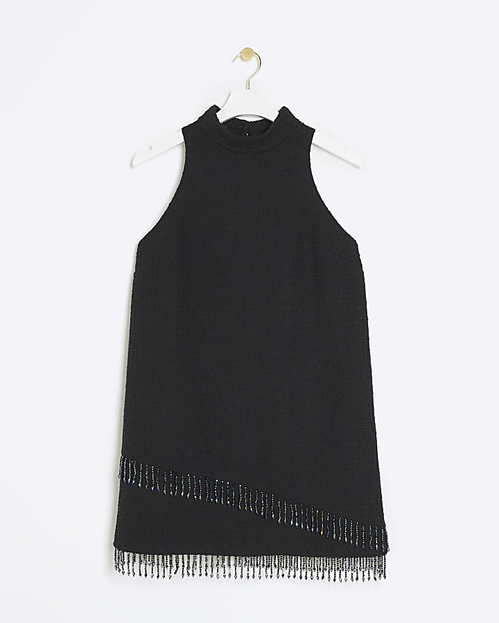 Black boucle pearl trim shift mini dress