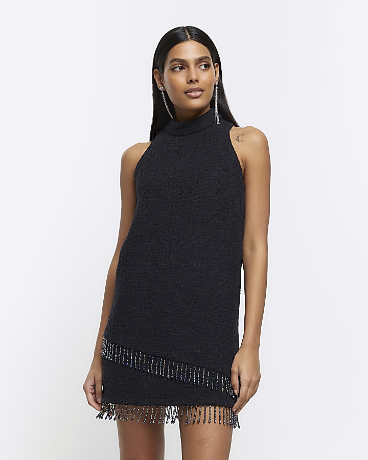 Black boucle pearl trim shift mini dress