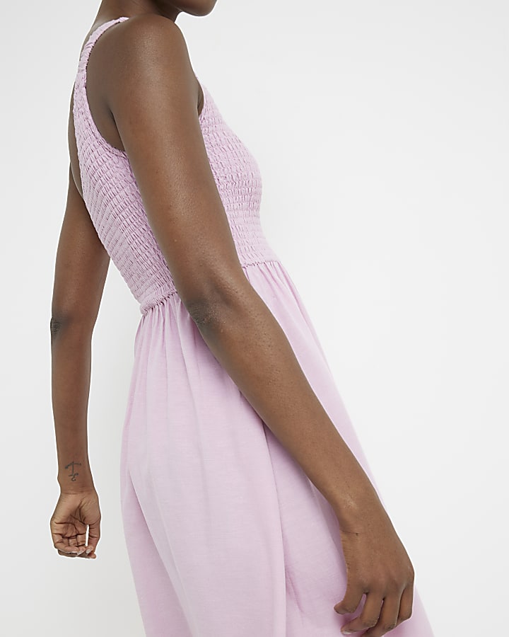 Pink shirred one shoulder smock midi dress