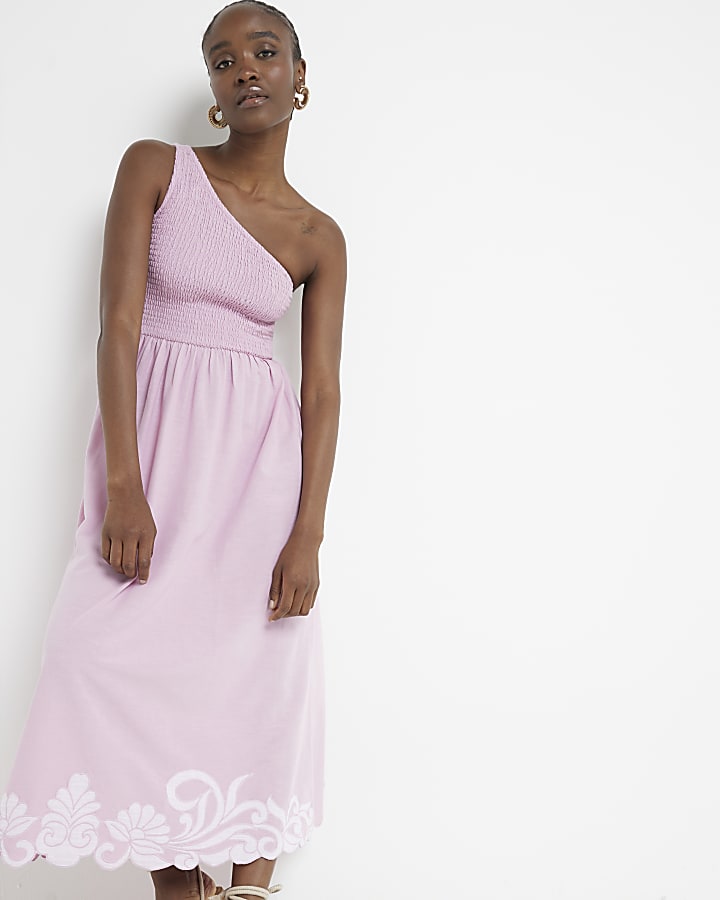 Pink shirred one shoulder smock midi dress