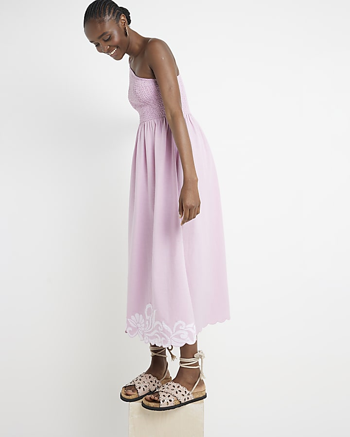 Pink shirred one shoulder smock midi dress