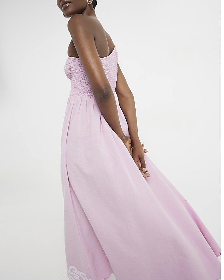 Pink shirred one shoulder smock midi dress