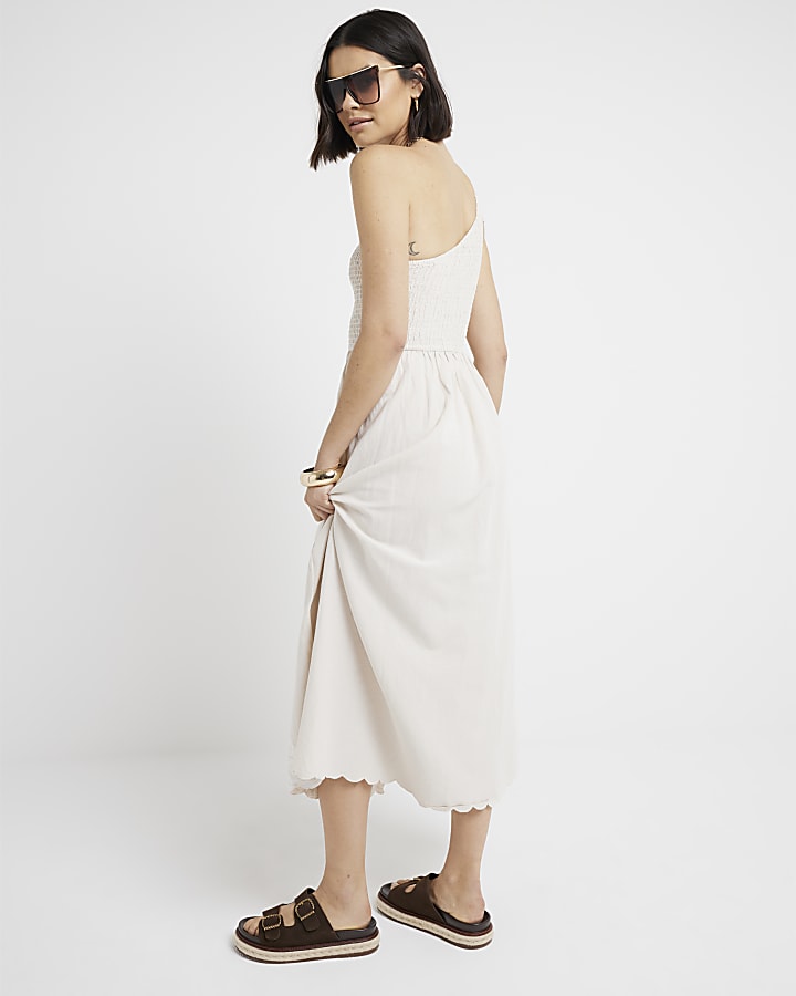 Cream Shirred One Shoulder Smock Midi Dress