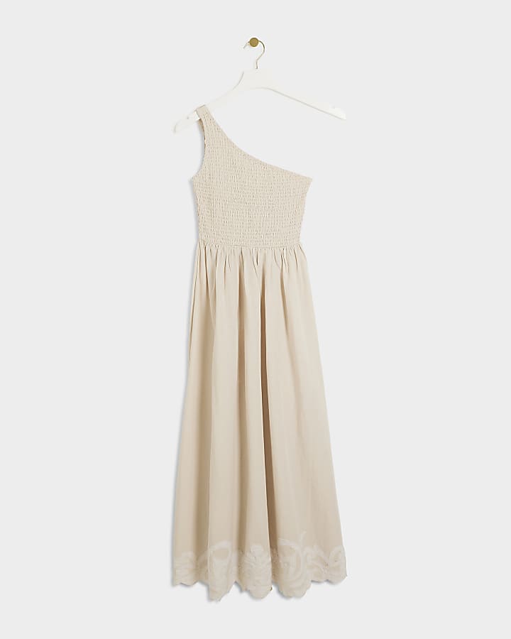 Cream Shirred One Shoulder Smock Midi Dress