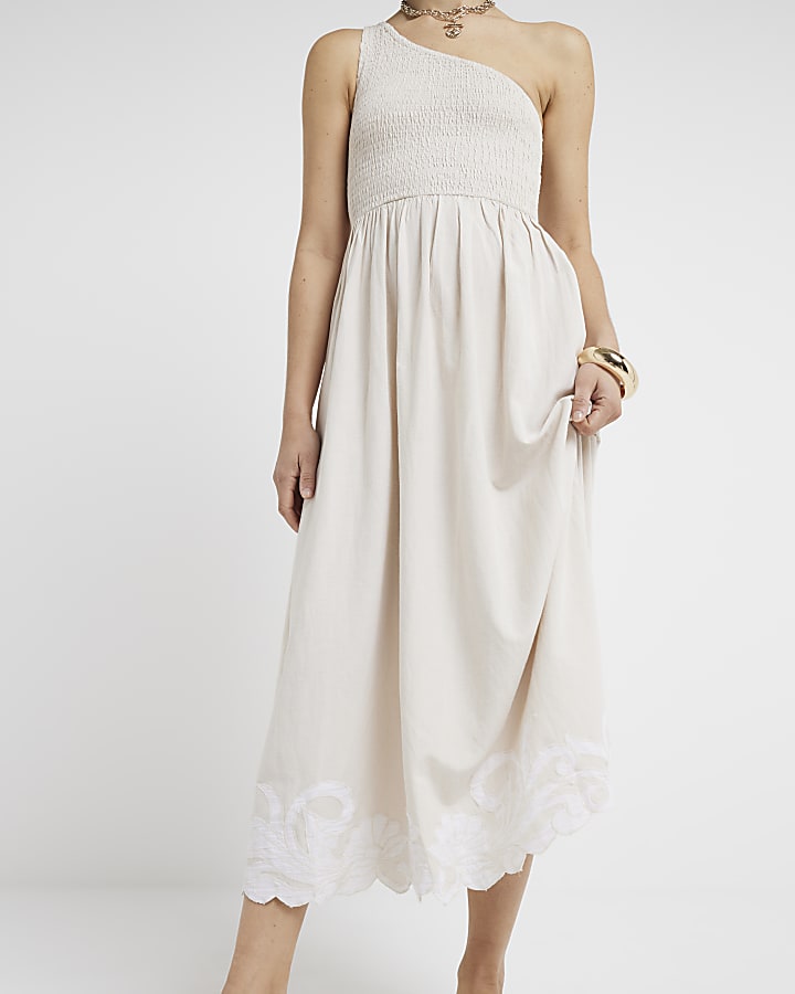 Cream Shirred One Shoulder Smock Midi Dress