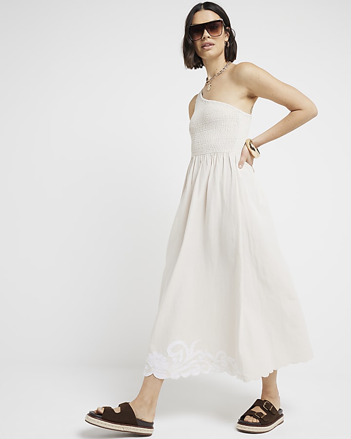 Cream Shirred One Shoulder Smock Midi Dress