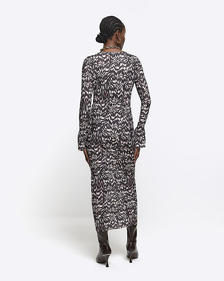 Brown plisse abstract bodycon midi dress