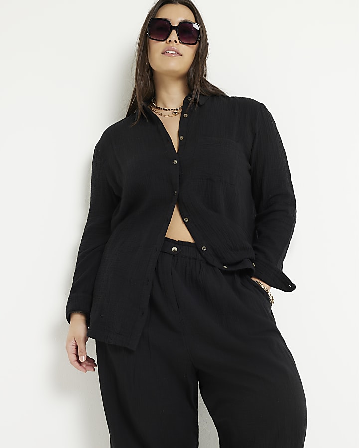 Plus black textured wide leg trousers