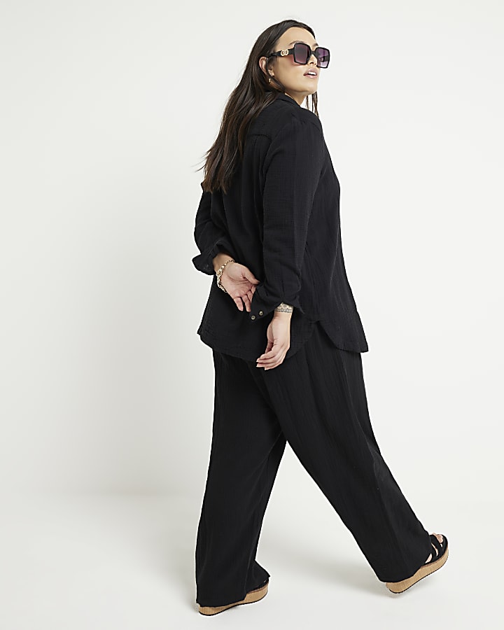 Plus black textured wide leg trousers
