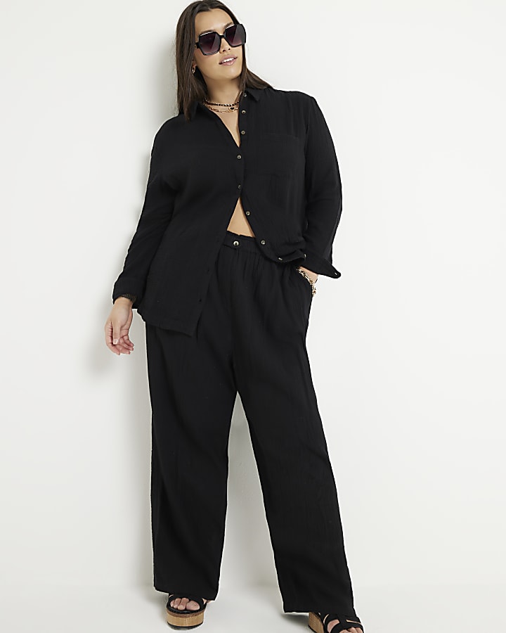 Plus black textured wide leg trousers