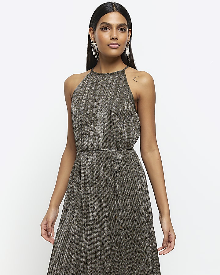 Bronze plisse tie waist slip midi dress