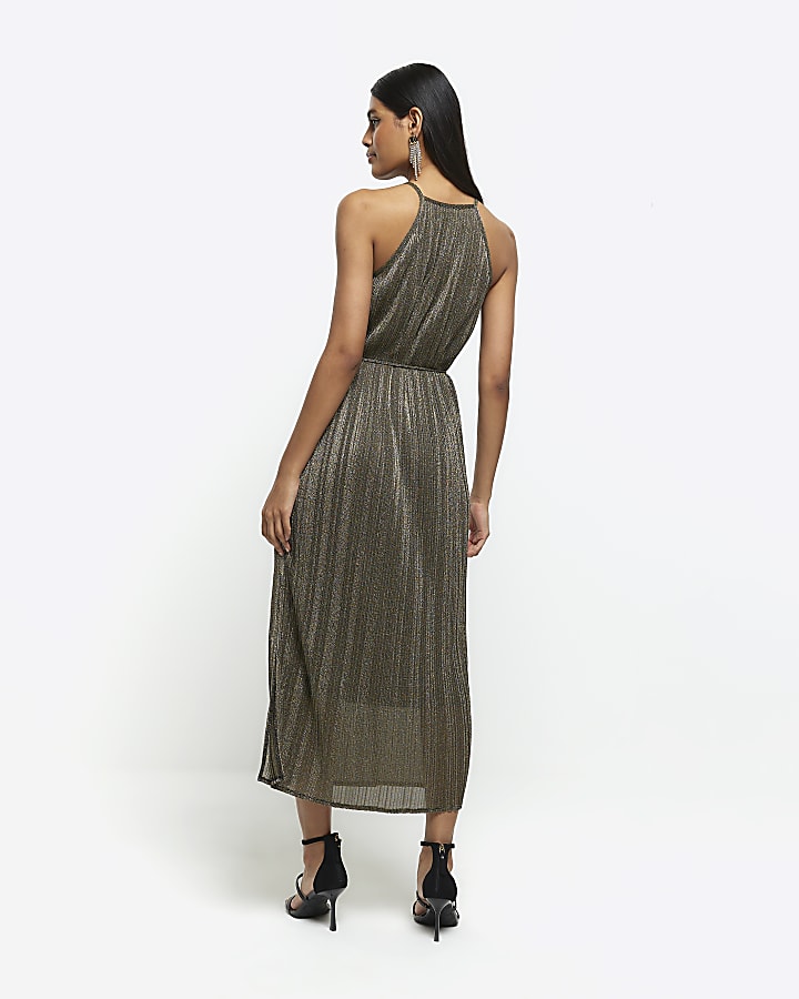 Bronze plisse tie waist slip midi dress