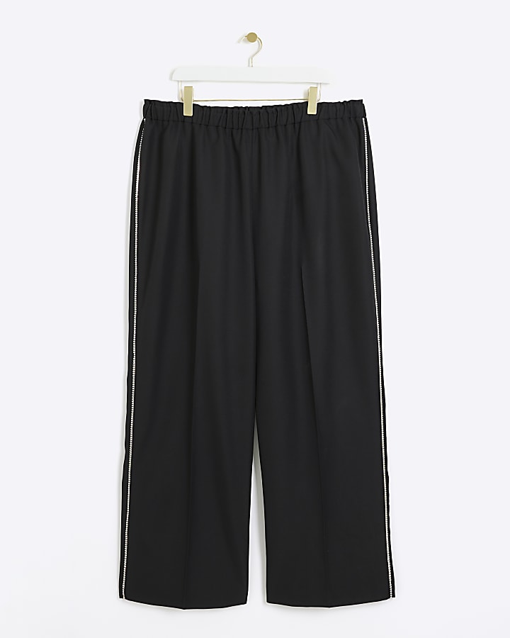 Plus black diamante trim wide leg trousers