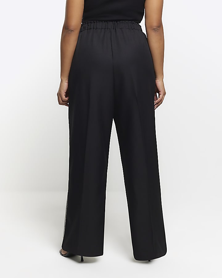 Plus black diamante trim wide leg trousers