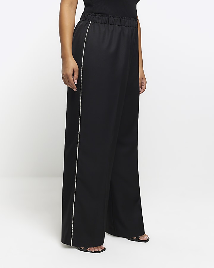 Plus black diamante trim wide leg trousers