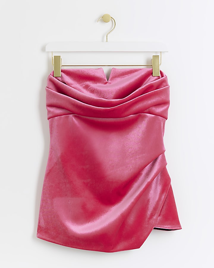 Pink velvet ruched bandeau top