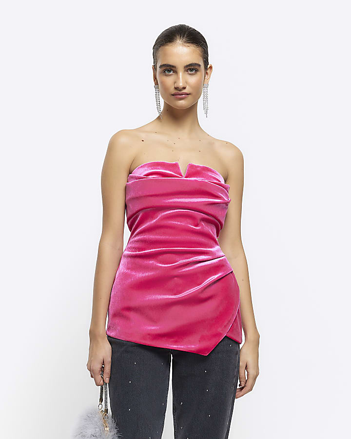 Pink velvet ruched bandeau top