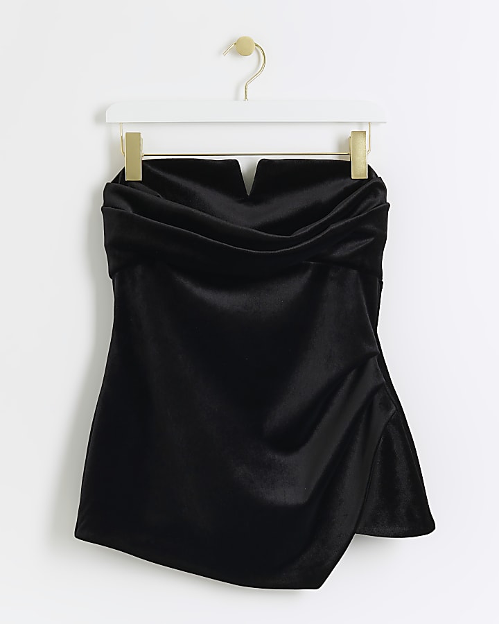 Black velvet ruched bandeau top