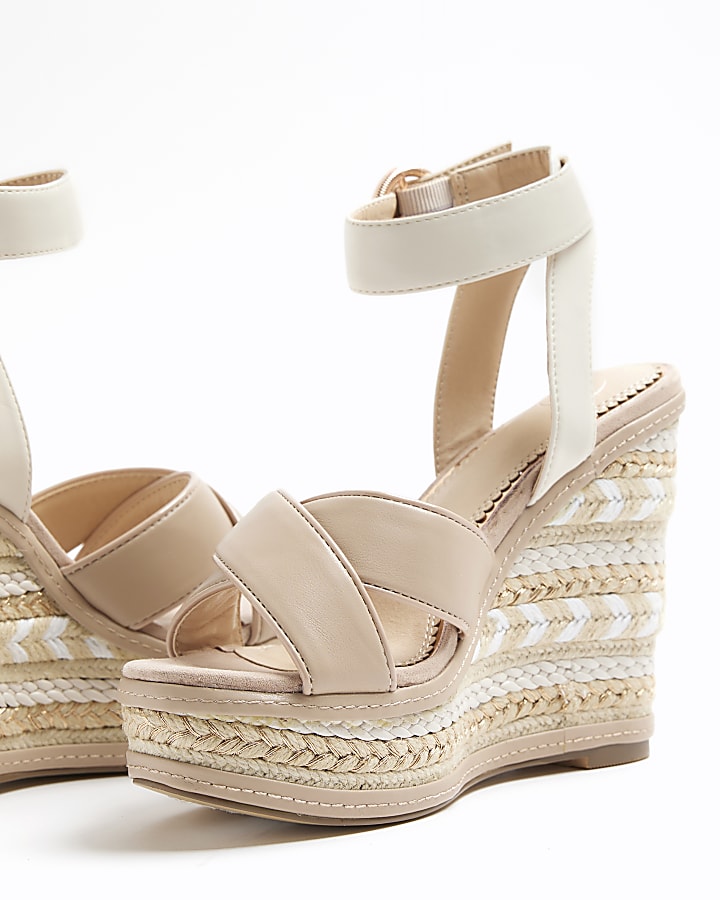 White crossed wedge espadrille sandals