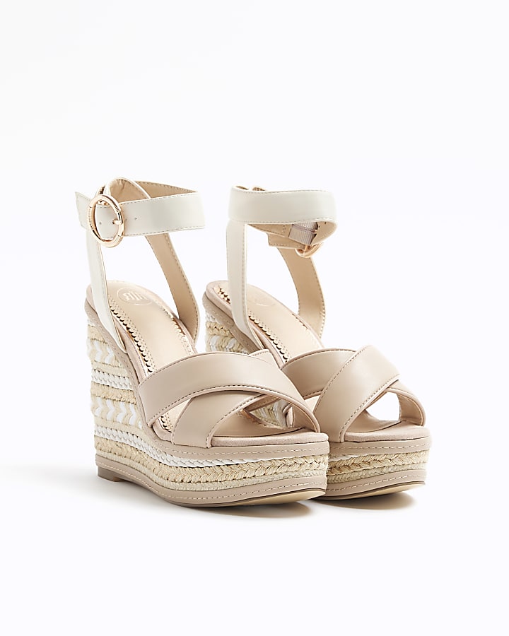 White crossed wedge espadrille sandals